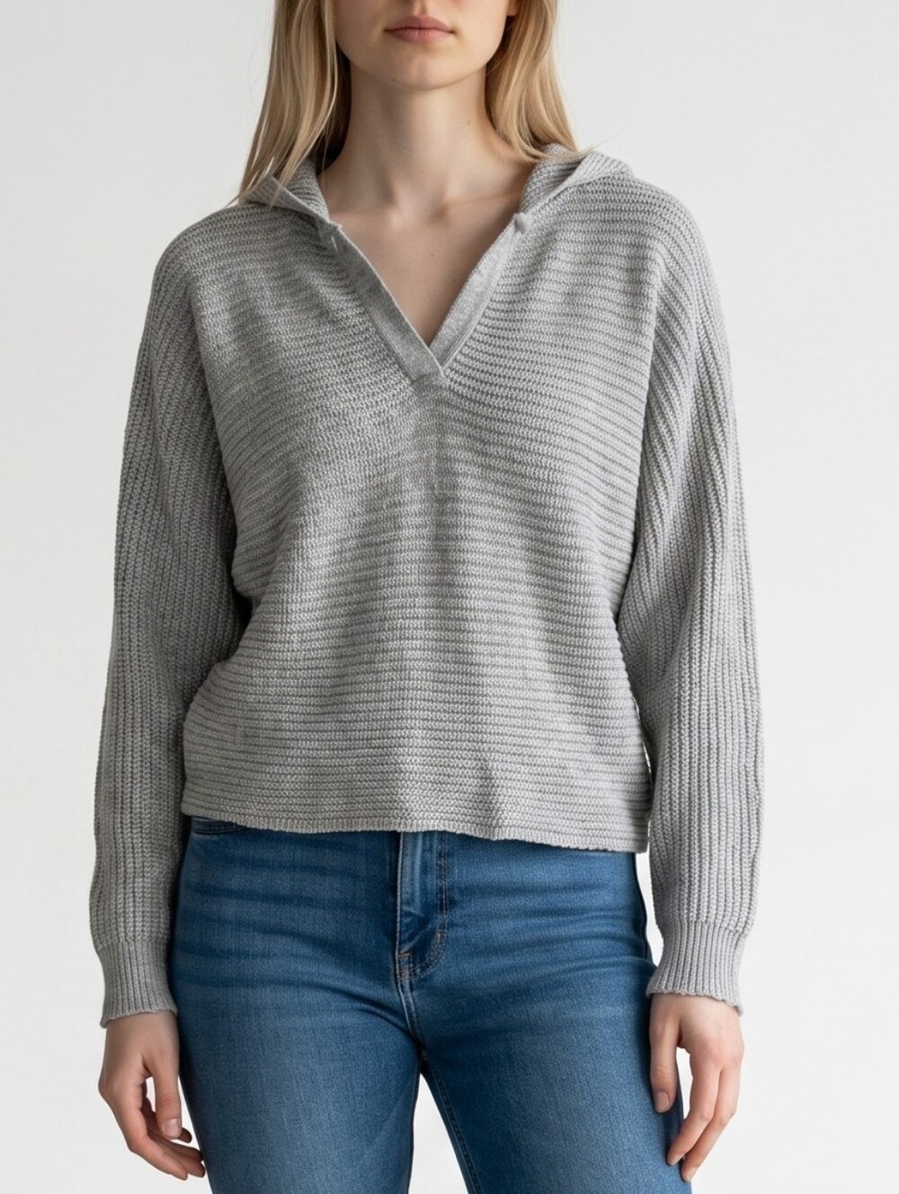 Light Gray V-Neck Hooded Knit Sweater